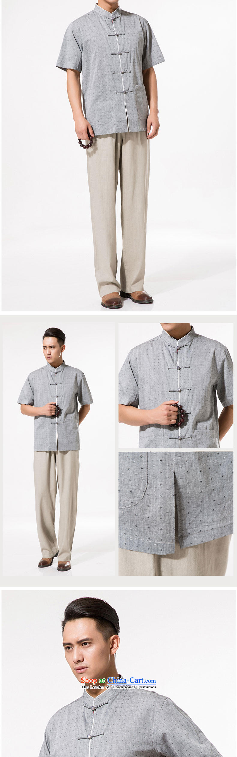 Summer Men's Mock-Neck wave point cotton linen short-sleeved shirt China wind Classic tray clip cotton linen Tang dynasty short-sleeved shirt relaxd and comfortable large wave point cotton linen with gray-blue XL/180 father picture, prices, brand platters! The elections are supplied in the national character of distribution, so action, buy now enjoy more preferential! As soon as possible.