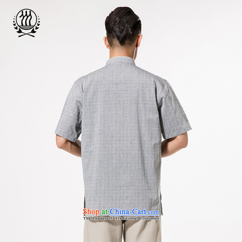 Summer Men's Mock-Neck wave point cotton linen short-sleeved shirt China wind Classic tray clip cotton linen Tang dynasty short-sleeved shirt relaxd and comfortable large wave point cotton linen with gray-blue XL/180, father and thre gesaxing line () , ,
