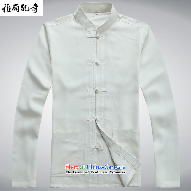 Alice Keci New China wind spring and fall of men of the traditional culture of Chinese linen long-sleeved Tang dynasty meditation Services Service Pack Dad Ball Mount White Kit Grandpa shirt plus pants?M_170