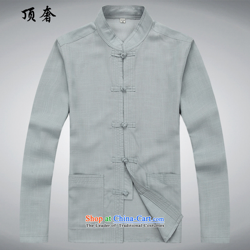 Top Luxury Tang dynasty male short-sleeve packaged cotton linen Tang dynasty male summer shirt with larger national father apparel older trainers wind kung fu kit ball-gray long-sleeved clothes and long-sleeved blue gray suit 41/180, top luxury shopping o