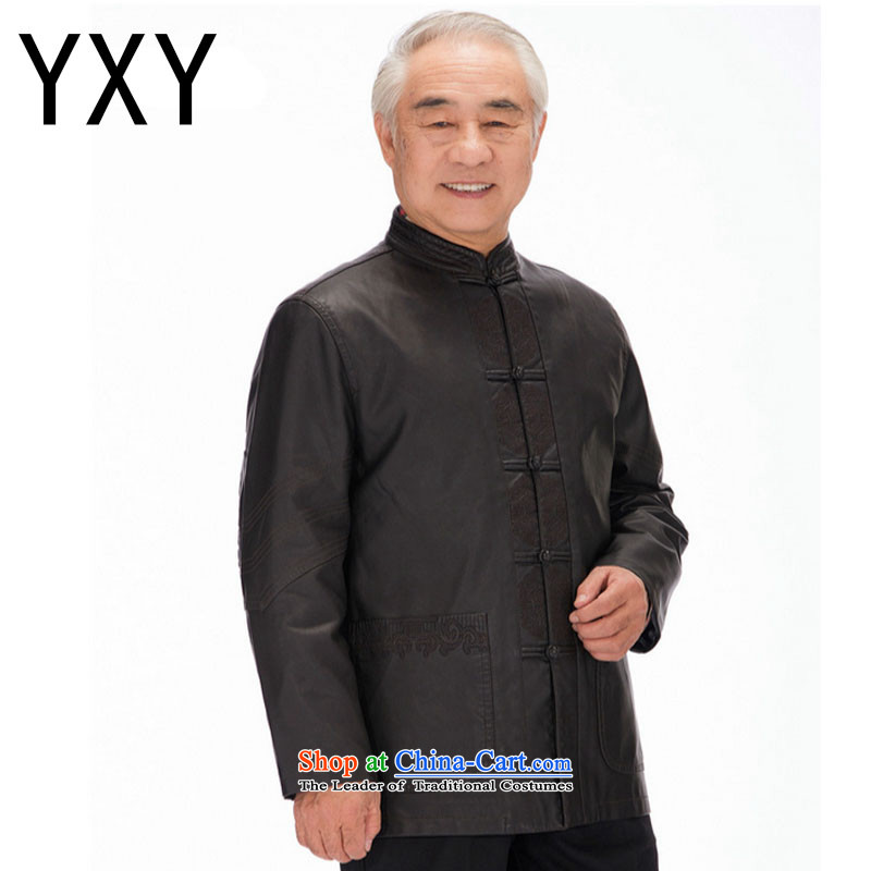 In line cloud men Tang long-sleeved jacket PU washable leather Tang dynasty national costumes and casual clothes DYD-818 BROWN XXL