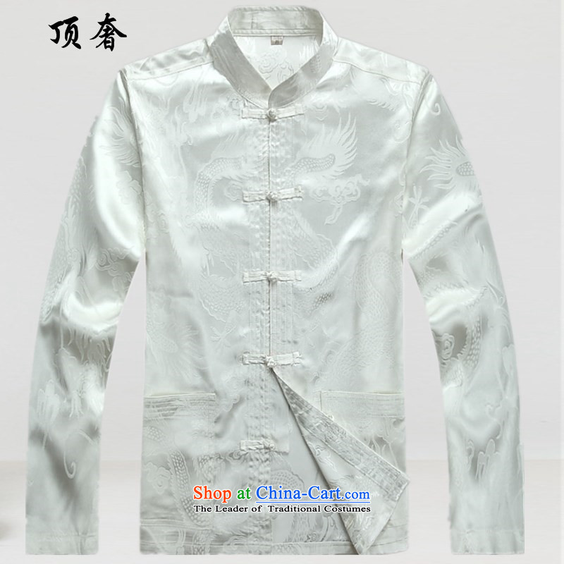 Top Luxury Men's Shirt Tang Dynasty Chinese men's long-sleeved Kit China wind load spring and autumn loose version male kit tray clip collar Chinese Han-exercise clothing White Kit L/175, top luxury shopping on the Internet has been pressed.