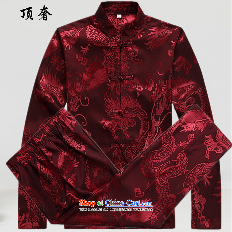 Top Luxury Men's Shirt Tang Dynasty Chinese men's long-sleeved Kit China wind load spring and autumn loose version black male kit tray clip collar Chinese Han-exercise clothing redL_175 Kit