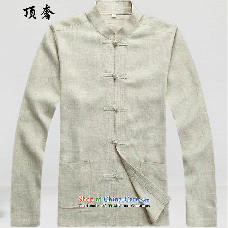 Top Luxury spring and summer men cotton linen Tang dynasty men fall long-sleeved clothing middle-aged father Han older persons with Chinese men's Tang tray clip collar Tang Dynasty Package Kit XXXL/190, beige top luxury shopping on the Internet has been p