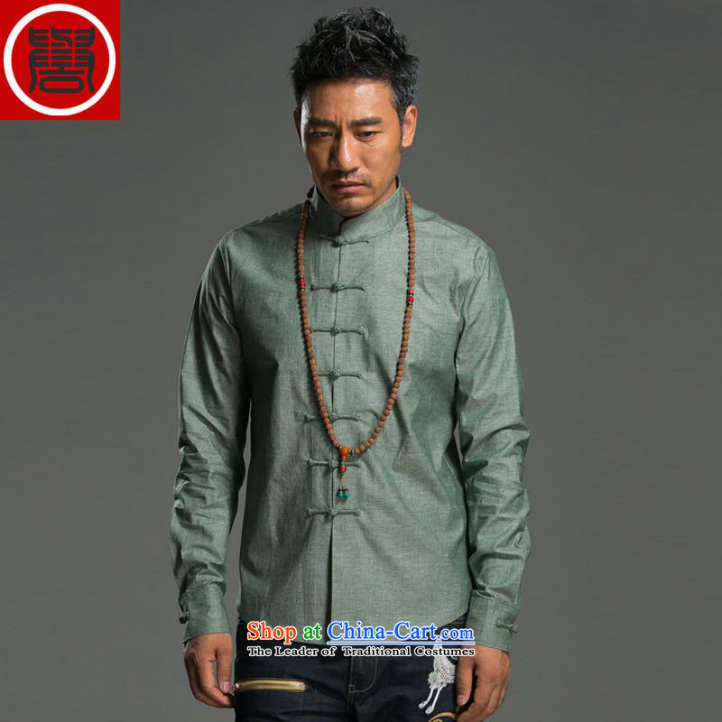 Renowned 2015 China wind spring and autumn men Chinese cotton linen Sau San disk tie china Mock-Neck Shirt linen pure color improved Tang dynasty green movement _2XL_