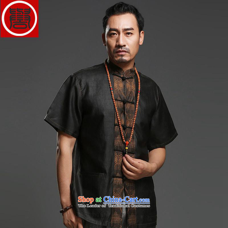 Renowned men silk short-sleeved Tang Dynasty Chinese shirt Men's Shirt herbs extract cloud of incense yarn men's short-sleeved black in Tang Dynasty 170