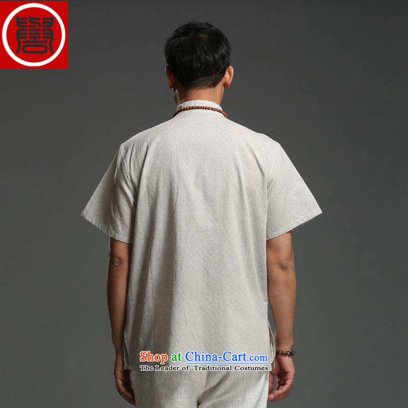Renowned Tang Dynasty Men's Mock-Neck men casual cotton linen short-sleeved men pure color Tang dynasty breathable T-shirt for summer New Light Gray (2XL), renowned (CHIYU) , , , shopping on the Internet