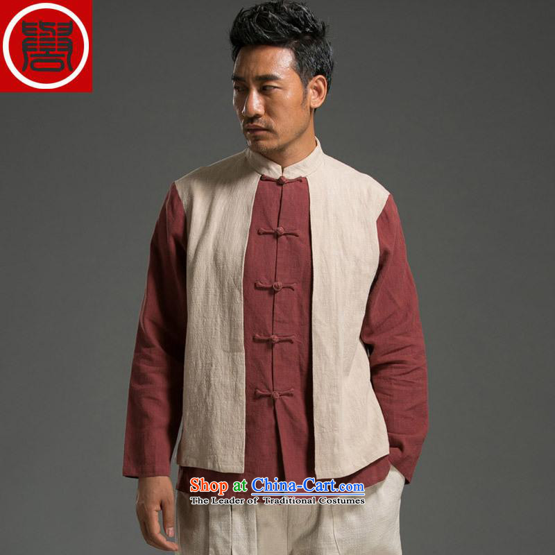 Renowned Chinese Wind leave two Sau San Men long-sleeved shirt with flax spell color autumn tray clip mock Tang Dynasty Chinese tunic (XL), large red and white (CHIYU renowned shopping on the Internet has been pressed.)