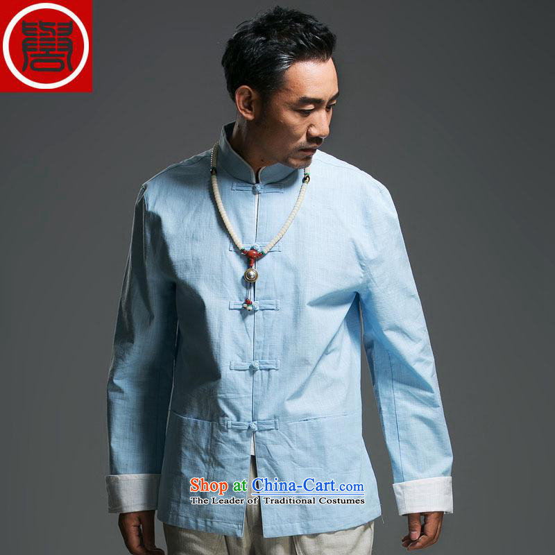 The fall of the renowned linen Solid Color Tang dynasty long-sleeved loose China wind men's jackets and disc buttoned, ethnic Blue _185_Where the movement