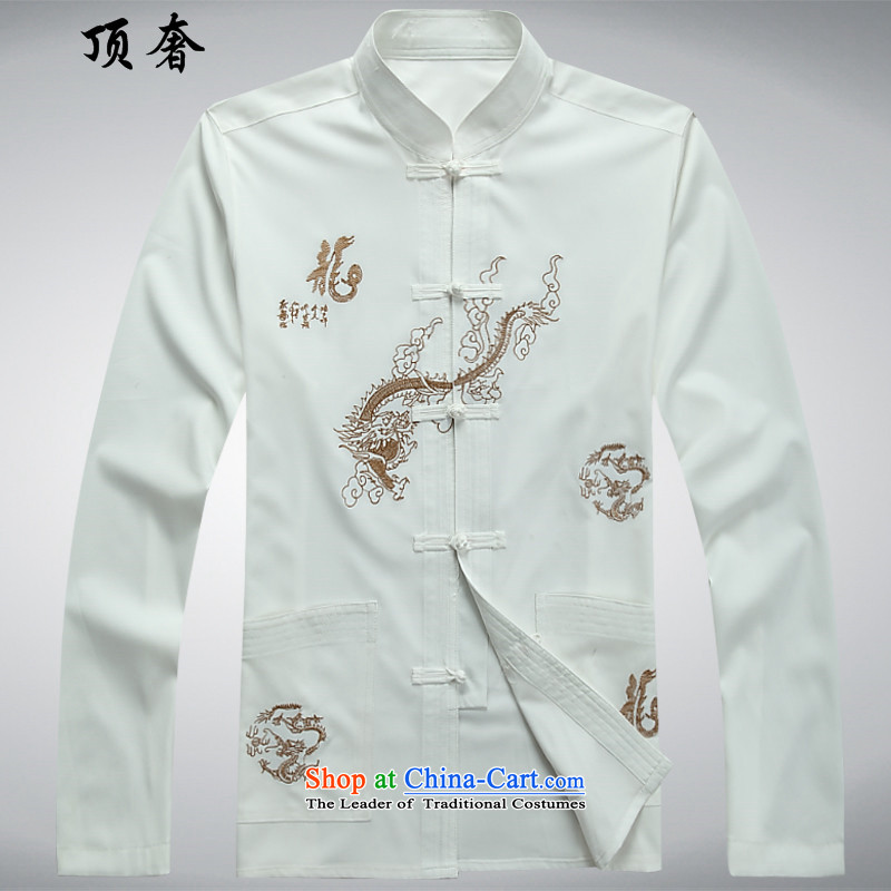 Top Luxury men Tang Dynasty Package Version relaxd long-sleeved Mock-Neck Shirt China wind up the clip Han-blue embroidery Tang Dynasty Package Boxed White Kit father 43/190, top luxury shopping on the Internet has been pressed.