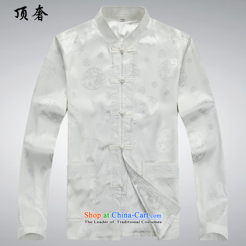 Top Luxury 2015 New Men's Long-Sleeve loose version older Tang Dynasty Package ball-long-sleeved shirt collar national costume father boxed kit white men XXXL/190, top luxury shopping on the Internet has been pressed.