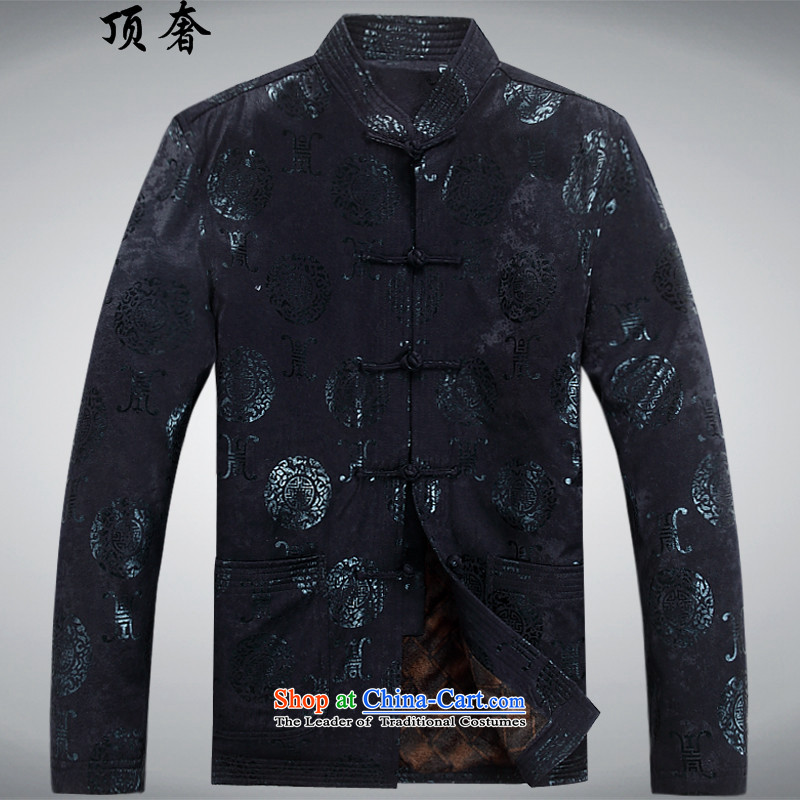 Top Luxury of older persons in the Tang dynasty and long-sleeved shirt men during the spring and autumn the lint-free men's thick Tang Jacket coat elderly clothes Han-Tang dynasty dress cotton coat dark blue velvetL_175 Plus
