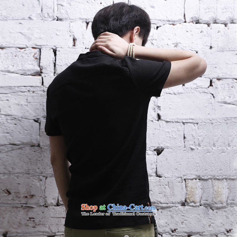 2015 men's short-sleeved shirt cotton linen collar Korean Solid Color leisure linen: single row black L., detained denzel see (DAN JIE SHI) , , , shopping on the Internet