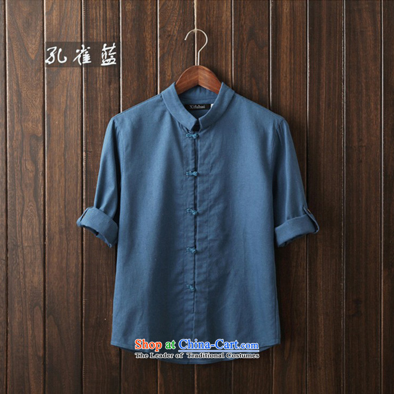 The spring and autumn of 2015 Men's Shirt linen single row detained men wave of China, men can t-shirt C.O.D. Peacock BlueXXL_ recommended weight 130-140