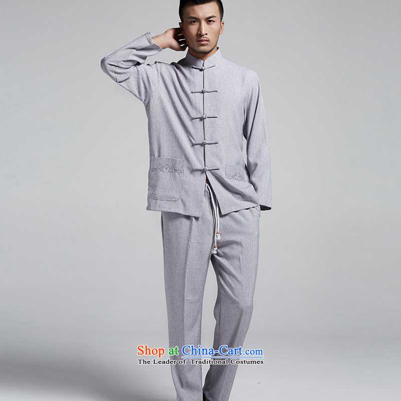Fudo Tak Sang-hyun kit shirt + cotton linen pants men in spring and autumn Tang dynasty China wind collar long-sleeved shirt with tie up manually pants collar retro Chinese Light Gray XL, Tak Fudo shopping on the Internet has been pressed.