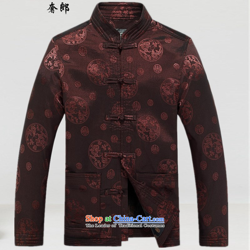 The luxury of health of autumn and winter Tang dynasty and thick cotton coat larger jacket in older jacket Tang dynasty ethnic father to replace collar increase cotton coat 8025 coffee-coloredXXXL