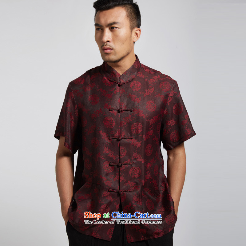 De-gye fudo 2015 new cloud of incense yarn short-sleeved Tang dynasty in older summer improved Han-T-shirt China wind men Chinese clothing Heung-gye Crimson Red , L'Fudo shopping on the Internet has been pressed.