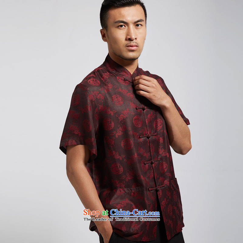 De-gye fudo 2015 new cloud of incense yarn short-sleeved Tang dynasty in older summer improved Han-T-shirt China wind men Chinese clothing Heung-gye Crimson Red , L'Fudo shopping on the Internet has been pressed.