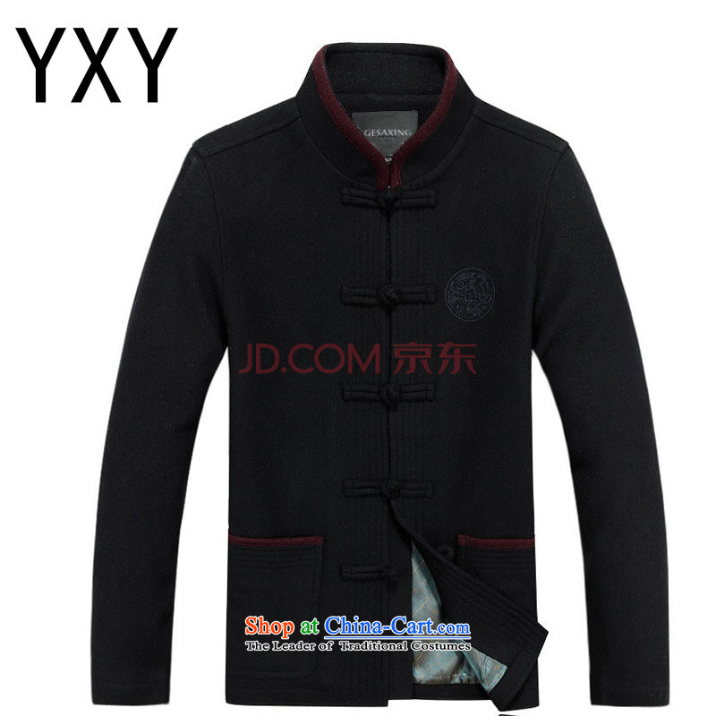 Line-in the cloud of older men's woolen? Tang Dynasty Chinese leisure thick long-sleeved round lung ethnic men Tang jacket DY88020 Dark Blue M