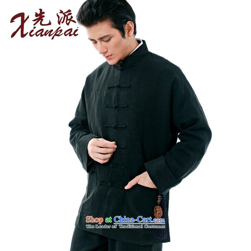The dispatch of the Spring and Autumn Period and the new products and Tang dynasty Chinese long-sleeved gown high-end Fashion Garment Father's Day Gifts silk linen even cuff jacket long-sleeved shirt, black silk Ma Tei Elderly courtesy jacket XL, dispatch