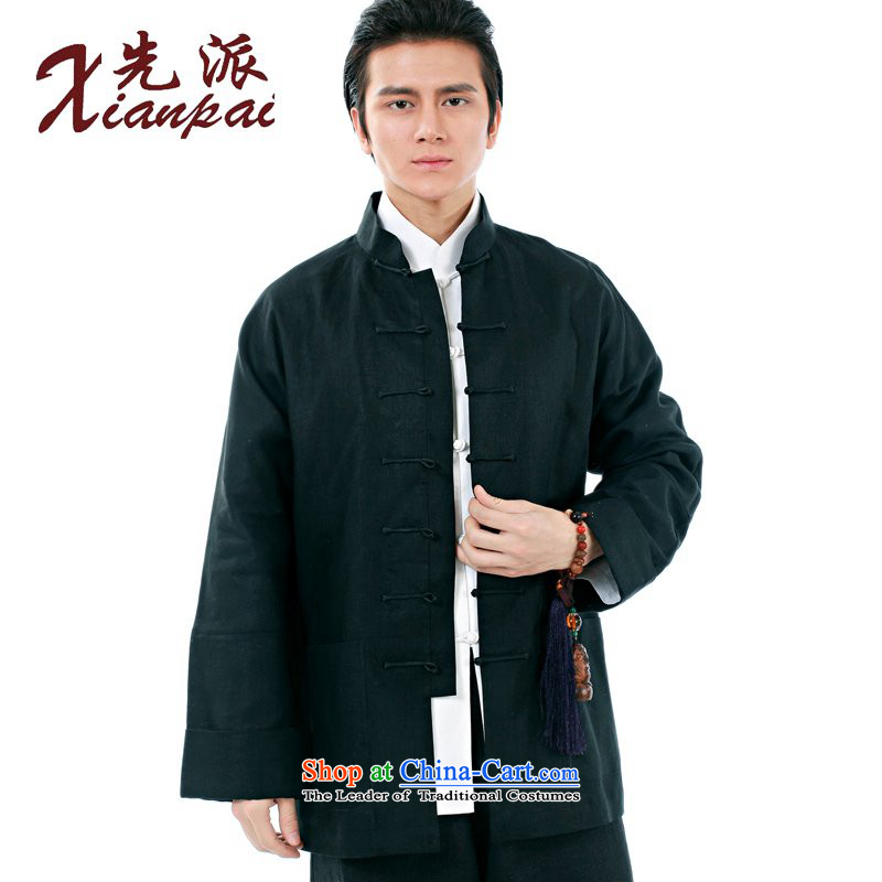 To send the new spring and summer Tang Dynasty Chinese men and flax long-sleeved shirt and Stylish coat unlined garment snap-Father's Day Gifts retro-sleeved ethnic leisure loose XL Black Linen long-sleeved clothing 3XL, single dispatch (xianpai) , , , sh