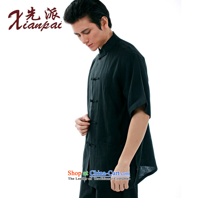 The dispatch of new products in the summer load Tang men Black Linen short-sleeved T-shirt new Chinese literary van collar retro-tie china wind youth dress xl father national services Black Linen short-sleeved T-shirt (xianpai dispatch XL,....) shopping o