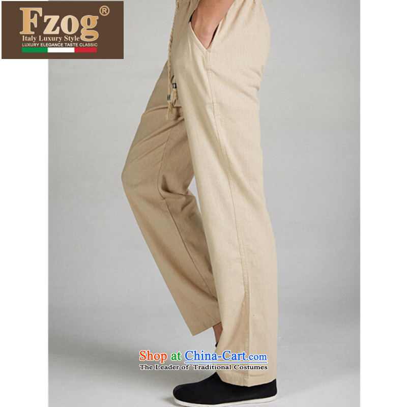 The new summer 2015 FZOG leisure long pants elastic waist men China wind pure color in Tang Dynasty older beige XXXL,FZOG,,, shopping on the Internet