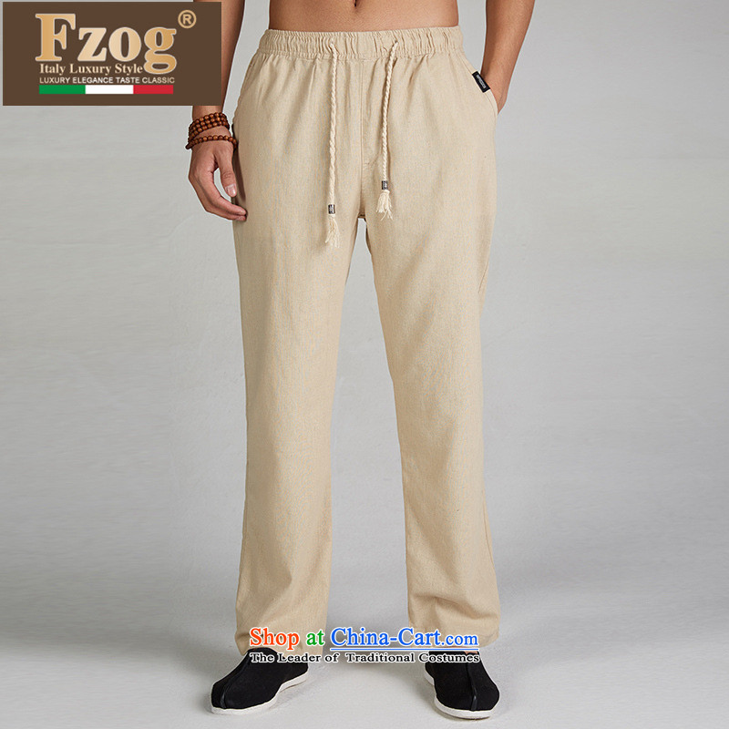 The new summer 2015 FZOG leisure long pants elastic waist men China wind pure color in Tang Dynasty older beige XXXL,FZOG,,, shopping on the Internet