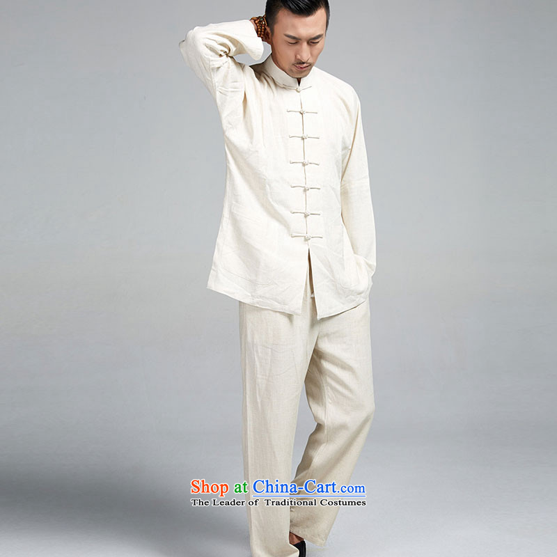 De Fudo Xuanwu kit shirt + 100% linen pants long-sleeved 4.5-60s Ma Lin shoulder Chinese 7 Snap the spring and autumn Tang China Wind Jacket men Taegeuk beige 3XL, de fudo shopping on the Internet has been pressed.