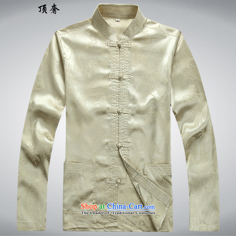 Top Luxury men Tang dynasty loose collar disc labeled version clothes for men from the spring and autumn of long-sleeved sweater large load father installed shou wedding dress beige Tang dynasty beige pants shirts kit plus 190, top luxury shopping on the