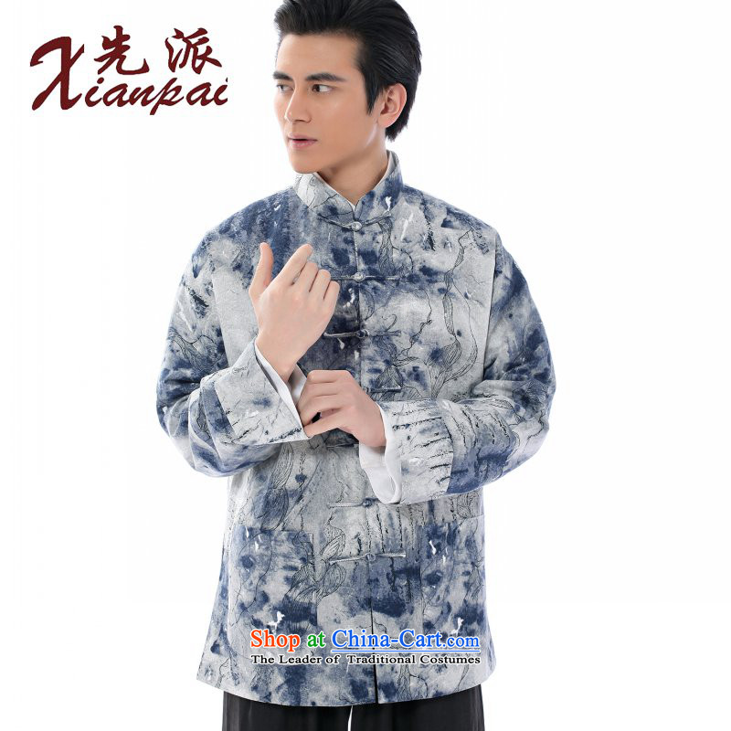The dispatch of the Spring and Autumn Period and the new linen men Tang dynasty retro-sleeved long-sleeved sweater ball Services China wind youth Ink Art image of the lotus top tray clip collar tie-dye image of the lotus linen coat 3XL, dispatch (xianpai)