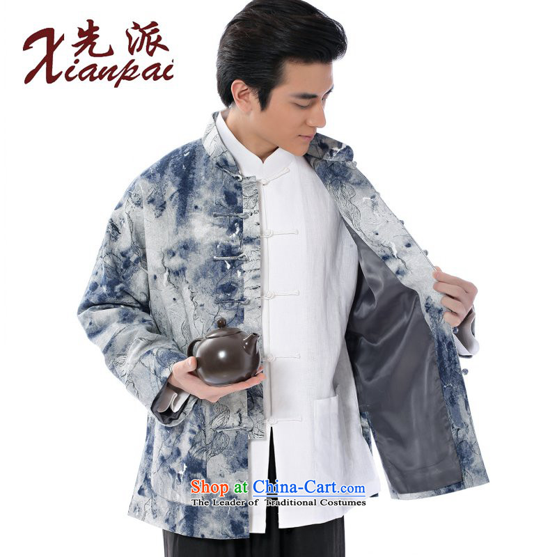 The dispatch of the Spring and Autumn Period and the new linen men Tang dynasty retro-sleeved long-sleeved sweater ball Services China wind youth Ink Art image of the lotus top tray clip collar tie-dye image of the lotus linen coat 3XL, dispatch (xianpai)