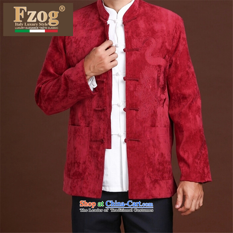 Fzog   leisure minimalist China wind men printed cloth animal patterns of middle-aged men's Long-sleeve loose Tang red M,fzog,,, shopping on the Internet