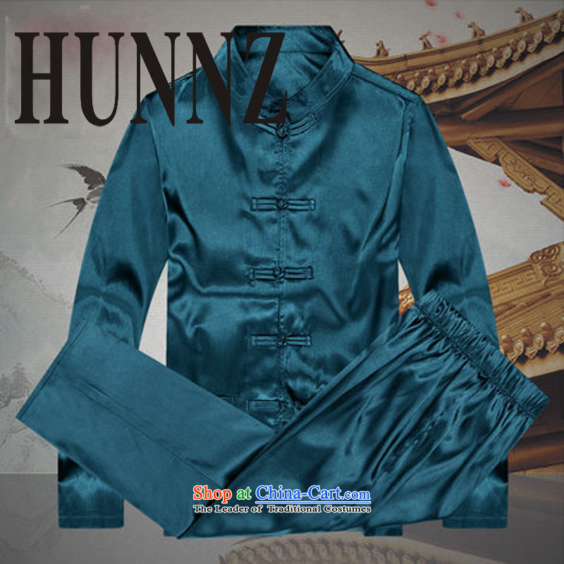 Hunnz2015 New China wind men Tang dynasty long-sleeved package pure color men tray clip collar casual men Blue 190