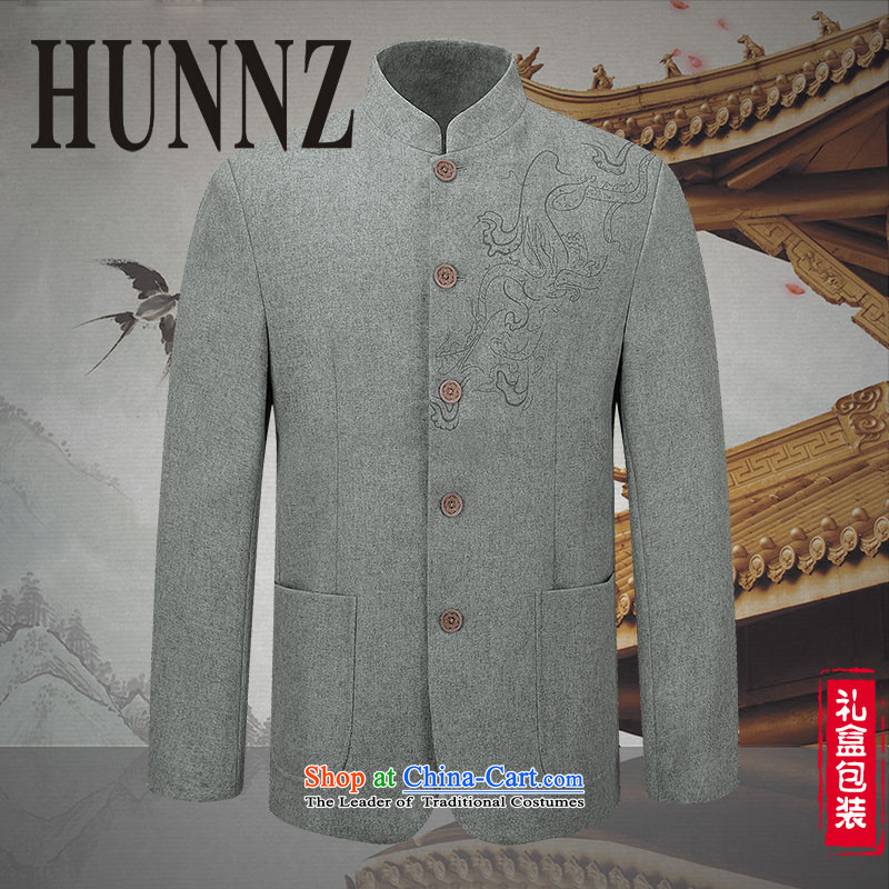 The new classic jacket, HUNNZ China wind men's woolen a casual jacket collar men use sub-free ironing gray 180