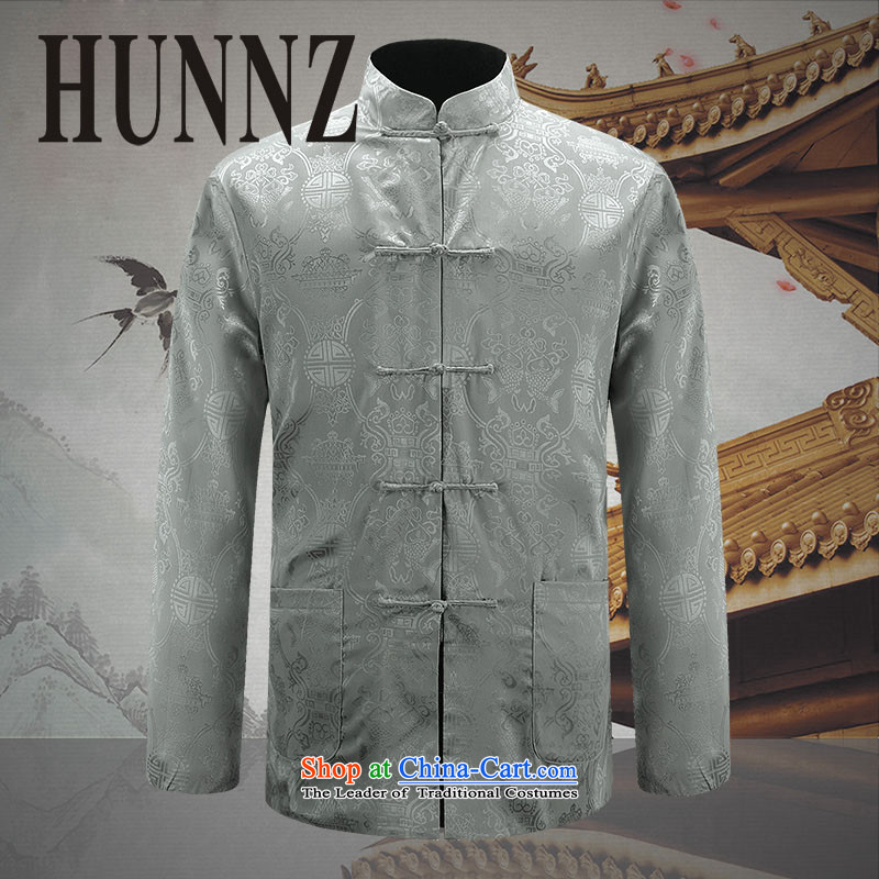 Hunnz new men's double-sided Tang Dynasty Show Services may be through positive and negative costumes and spring and autumn new Chinese tunic and light gray 180,HUNNZ,,, shopping on the Internet