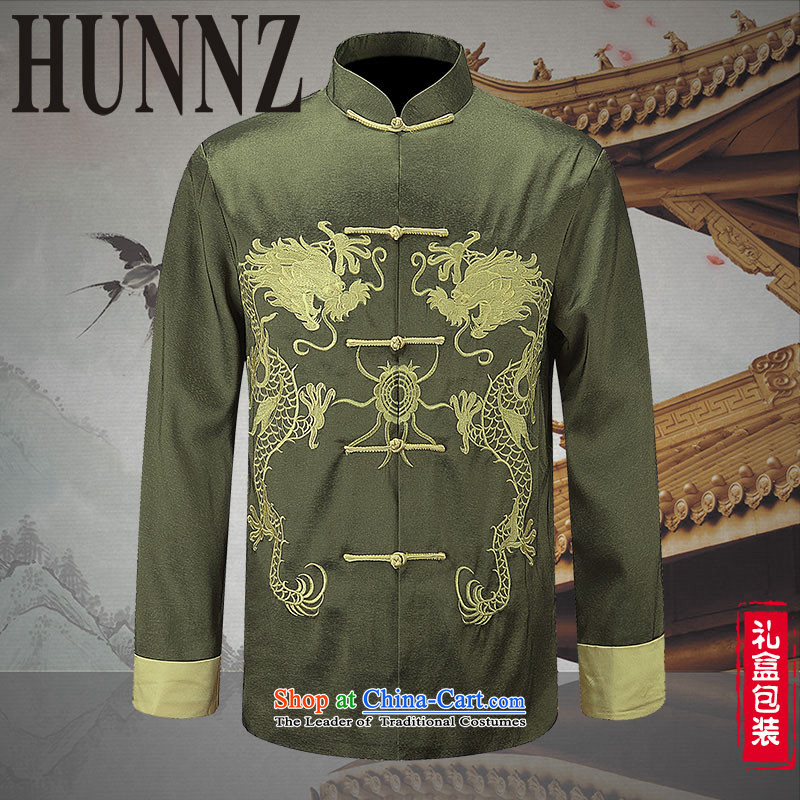 Hunnz New China wind men men Tang Dynasty Chinese long-sleeved jacket embroidered dragon will Chinese tunic green 180,HUNNZ,,, shopping on the Internet