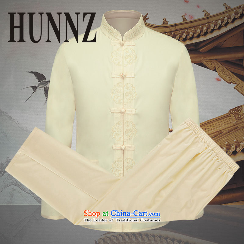 Hunnz New China wind men long-sleeved Tang Dynasty Package men elegant tray clip embroidery ethnic light yellow 180,HUNNZ,,, clothing shopping on the Internet