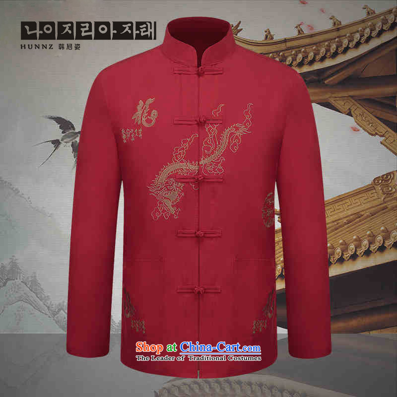 New HANNIZI Men long-sleeved Tang dynasty China wind embroidery in Chinese tunic father replacing classical dark red t-shirt festive 165, Korea, Gigi Lai (hannizi) , , , shopping on the Internet