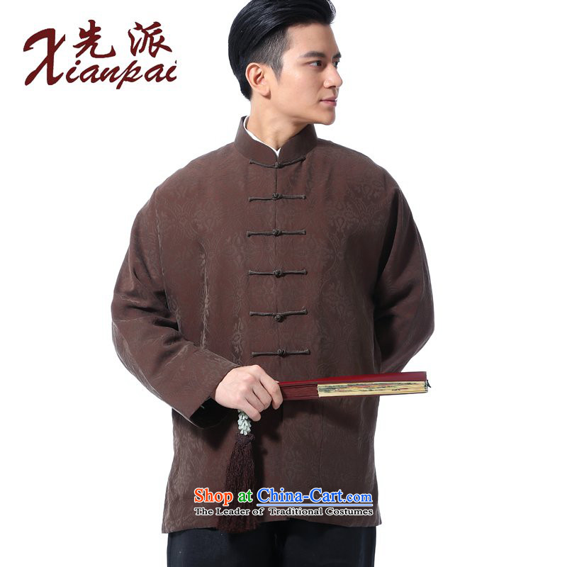 To send the new spring and fall of Tang Dynasty long-sleeved jacquard silk dresses new Chinese lady colors with modern China wind father of Neck Jacket retro-sleeved ethnic coffee color jacquard silk jackets 4XL new products for the pre-sale of 3 Day Ship