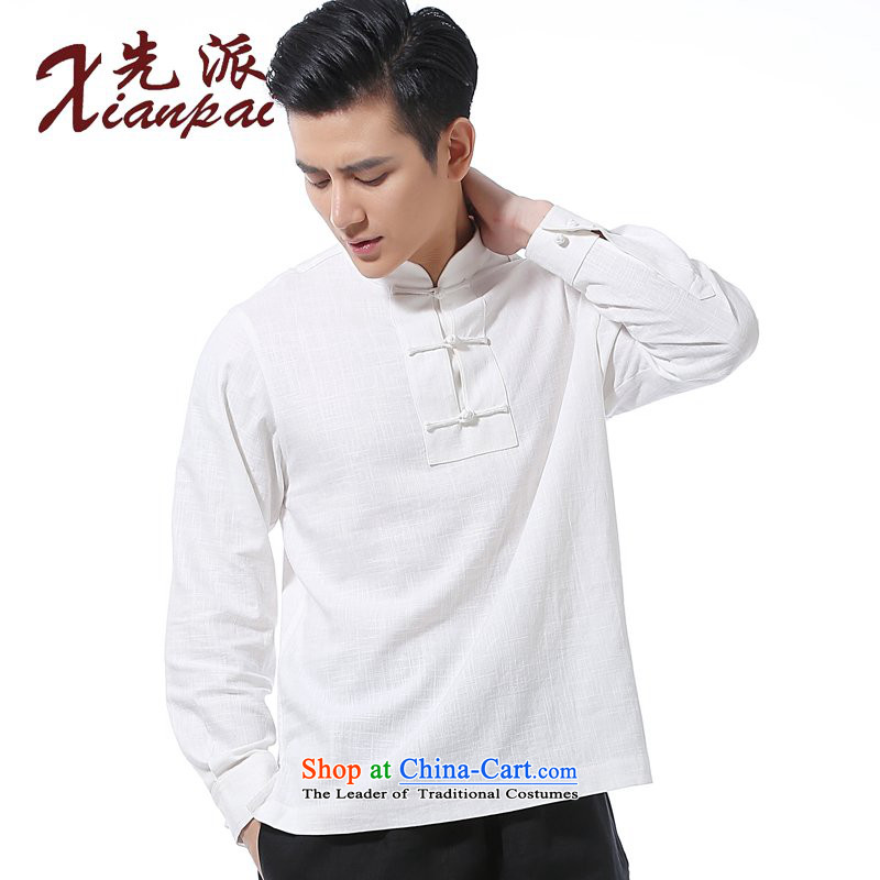 The dispatch of the spring and summer of new products and new long-sleeved shirt with Chinese linen collar Tray Tie Kit and a long-sleeved shirt Tang dynasty men casual relaxd stylish shirt China wind youth White Linen Dress Shirt Head Kit (xianpai XL, fi