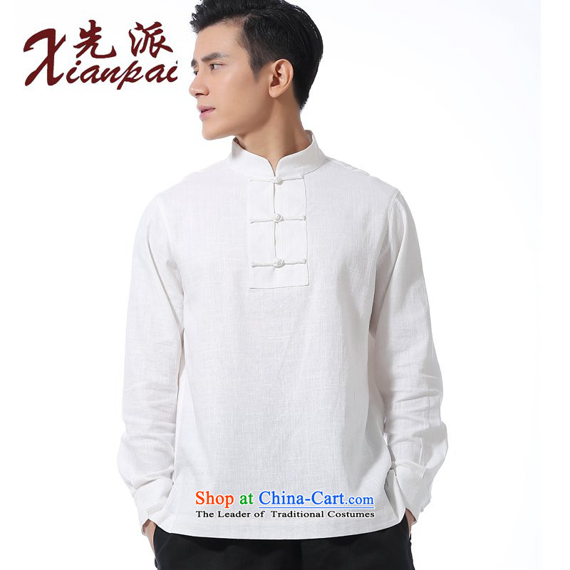 The dispatch of the spring and summer of new products and new long-sleeved shirt with Chinese linen collar Tray Tie Kit and a long-sleeved shirt Tang dynasty men casual relaxd stylish shirt China wind youth White Linen Dress Shirt Head Kit (xianpai XL, fi