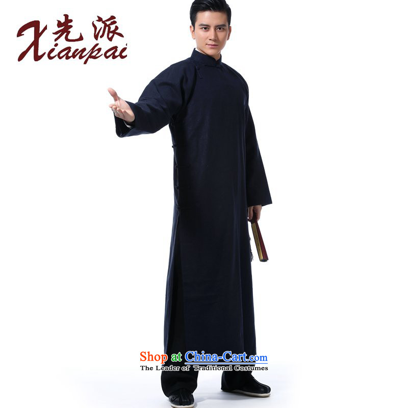 The dispatch of the Spring and Autumn Period and the traditional feel even shoulder linen collar tray snap Chinese comic dialogs dress robe Tang dynasty China wind Chinese Cheongsams Youth Literary collar van blue linen gowns 3XL  new pre-sale 5 Day Shipp