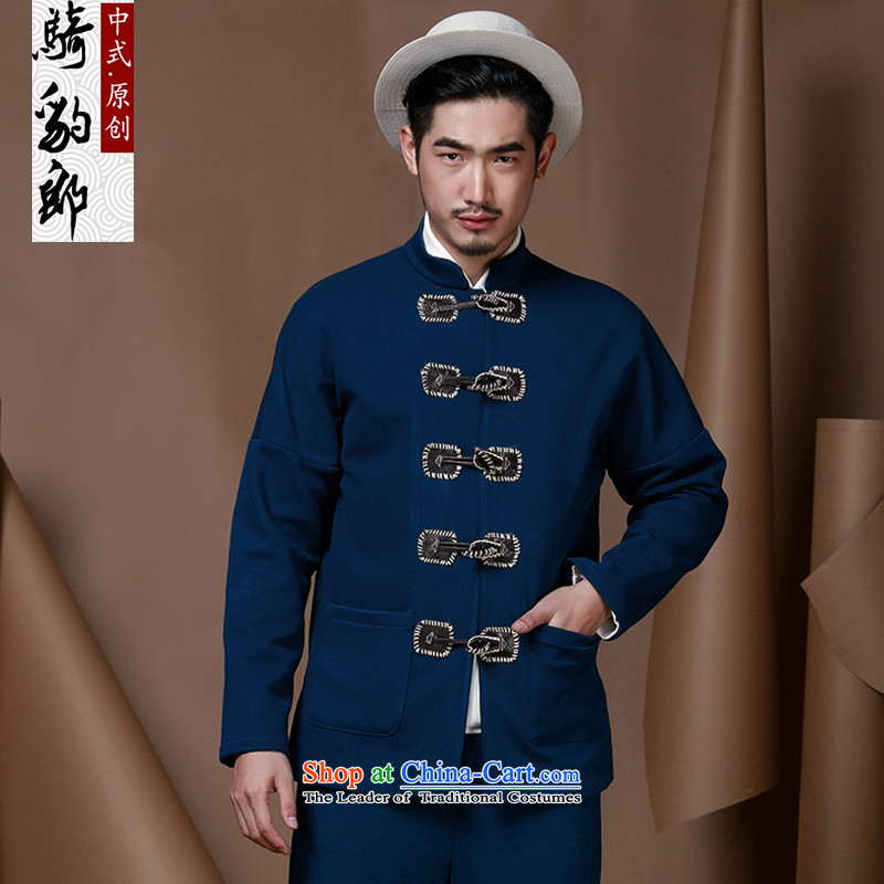 Jockeys Leopard Health Tang Dynasty Chinese tunic men fall 2015_ jacket collar ball track suit male horns of ethnic Chinese detained men designer branded inkjet Blue?M