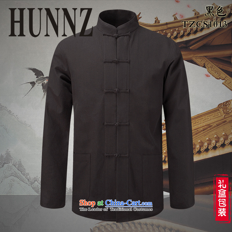 Classical China wind Tang HUNNZ loaded collar disc detained men pure cotton linen shirt ethnic men a black long-sleeved 165,HUNNZ,,, shopping on the Internet