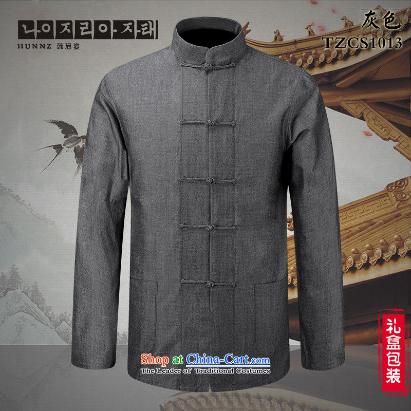 Classical China wind Tang HANNIZI loaded collar disc detained men pure cotton linen shirt ethnic men long-sleeved gray?185