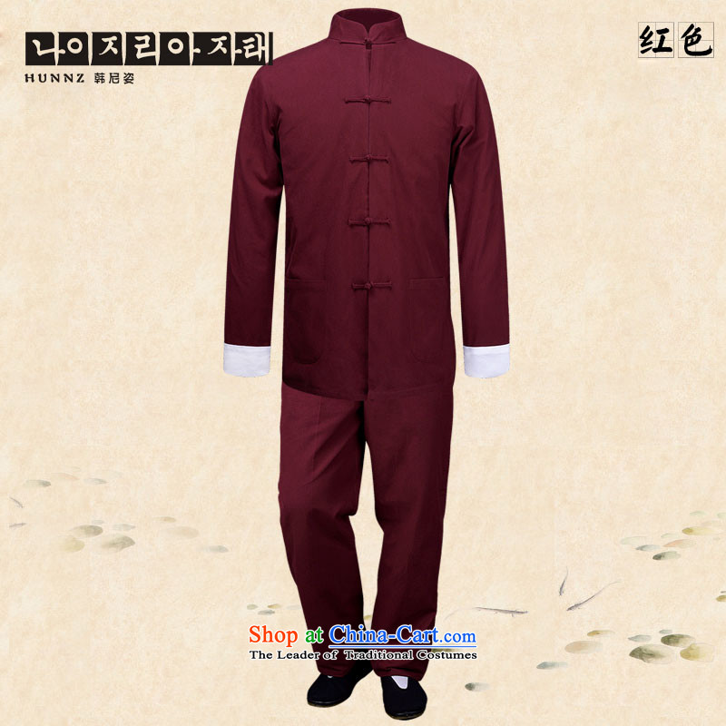 Hannizi natural cotton linen men Tang dynasty long-sleeved leisure solid color kung fu serving classic package stage costumes and deep red 165