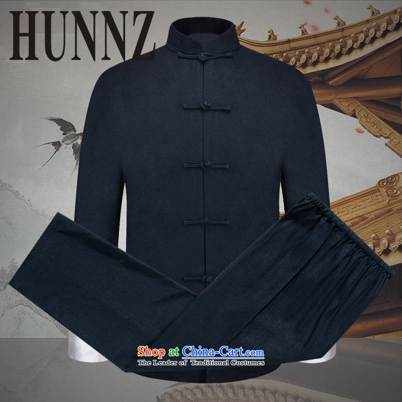 Hunnz natural cotton linen men Kit China wind men Tang Dynasty Chinese tunic disc detained national dress dark blue long-sleeved sweater 170,HUNNZ,,, shopping on the Internet