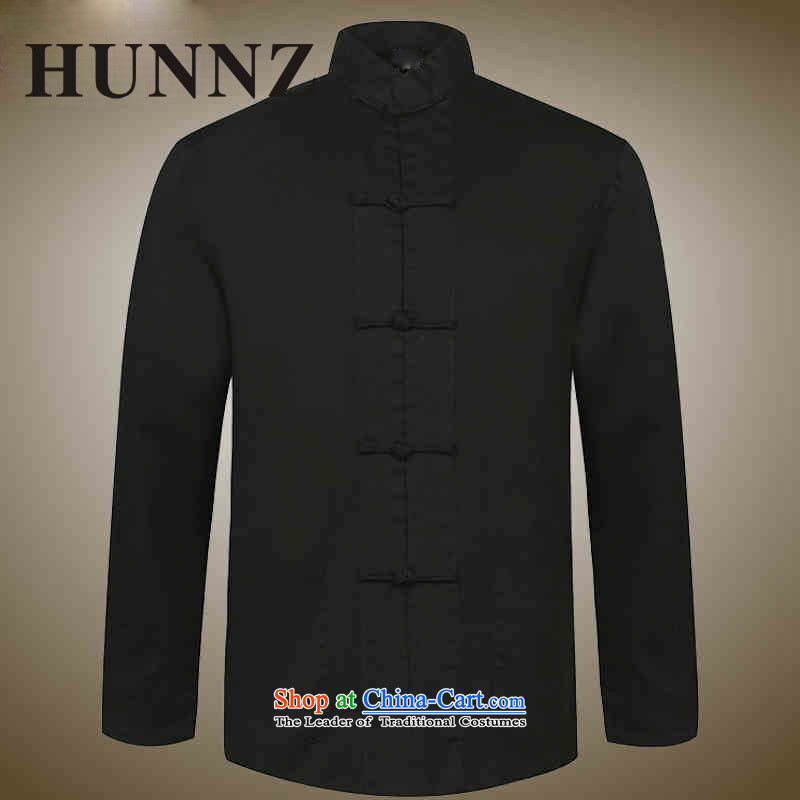 New products of traditional Chinese HUNNZ wind men Tang dynasty old men blacklead long sleeved shirt collar disc detained national costumes black 180,HUNNZ,,, shopping on the Internet