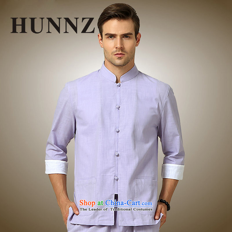 Classic Chinese Wind HUNNZ men in both the short-sleeved shirt Chinese Kung Fu cotton apparel stage services with a light purple 185,HUNNZ,,, shopping on the Internet